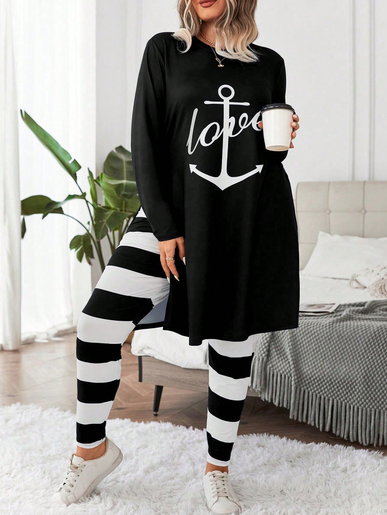 Essnce Plus Anchor & Letter Graphic Split Hem Tee & Striped Leggings