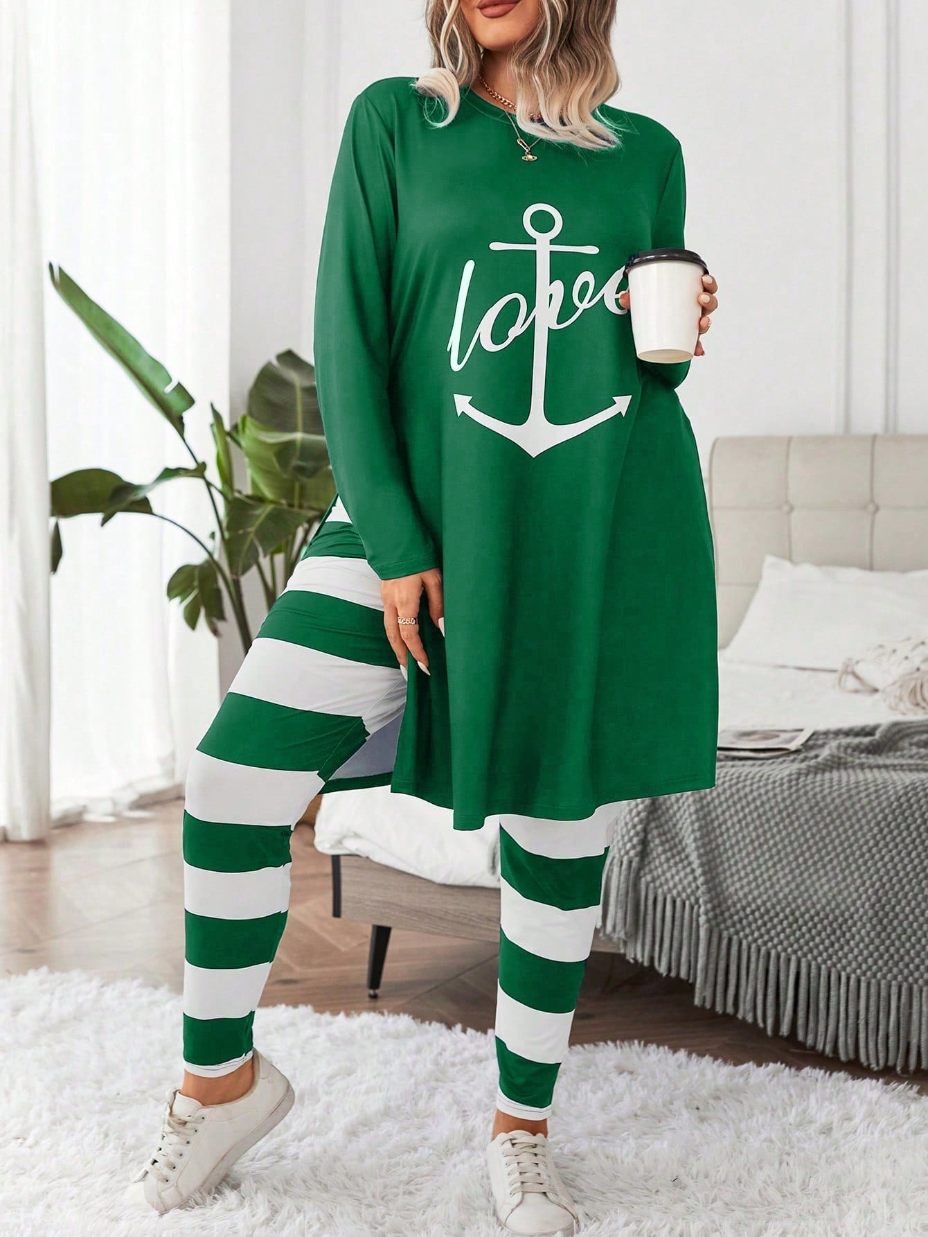 Essnce Plus Anchor & Letter Graphic Split Hem Tee & Striped Leggings