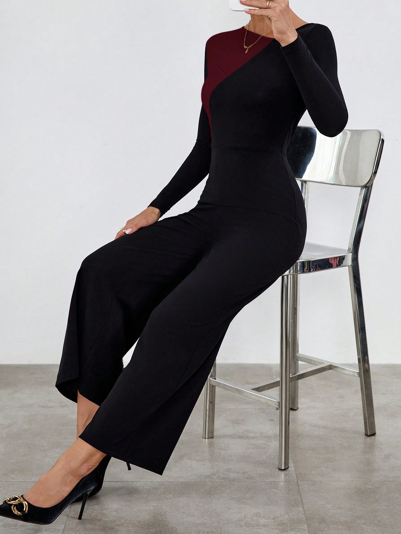 Privé Two Tone Asymmetrical Neck Wide Leg Jumpsuit