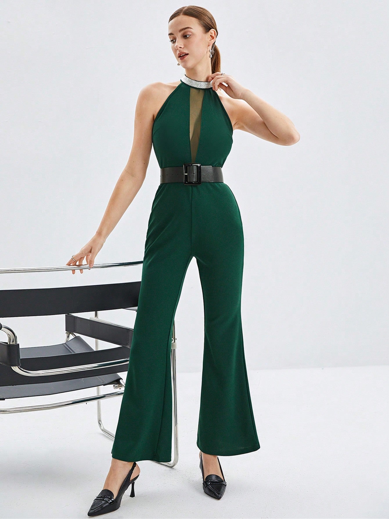 BIZwear Contrast Mesh Halter Neck Flare Leg Jumpsuit