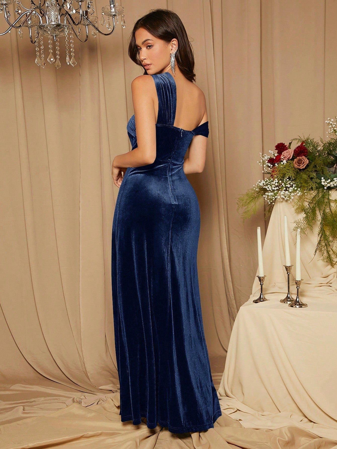 Belle Asymmetric Neckline High Slit Velvet Bridesmaid Formal Dress