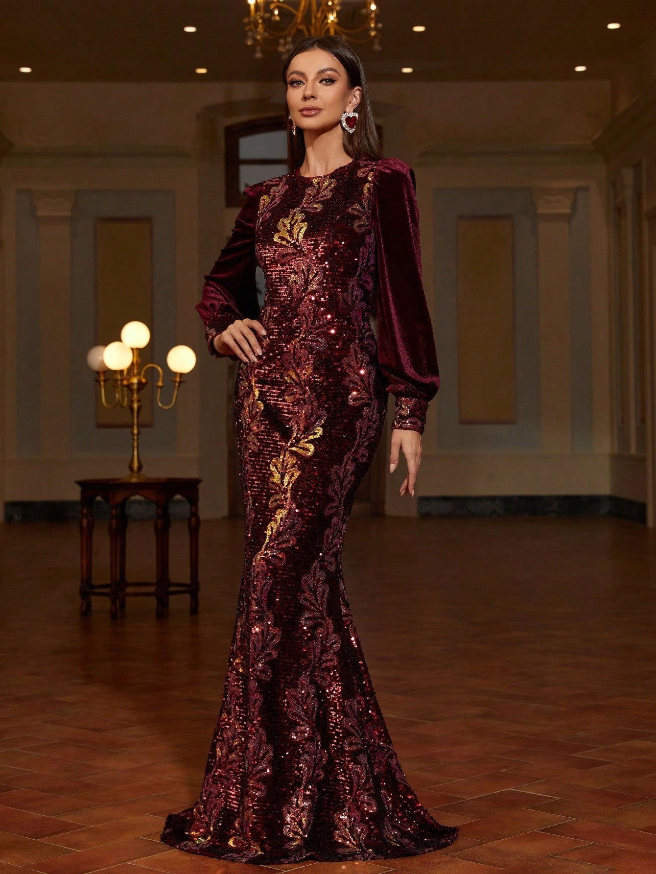 Lantern Sleeves Mermaid Hem Sequin Formal Dress