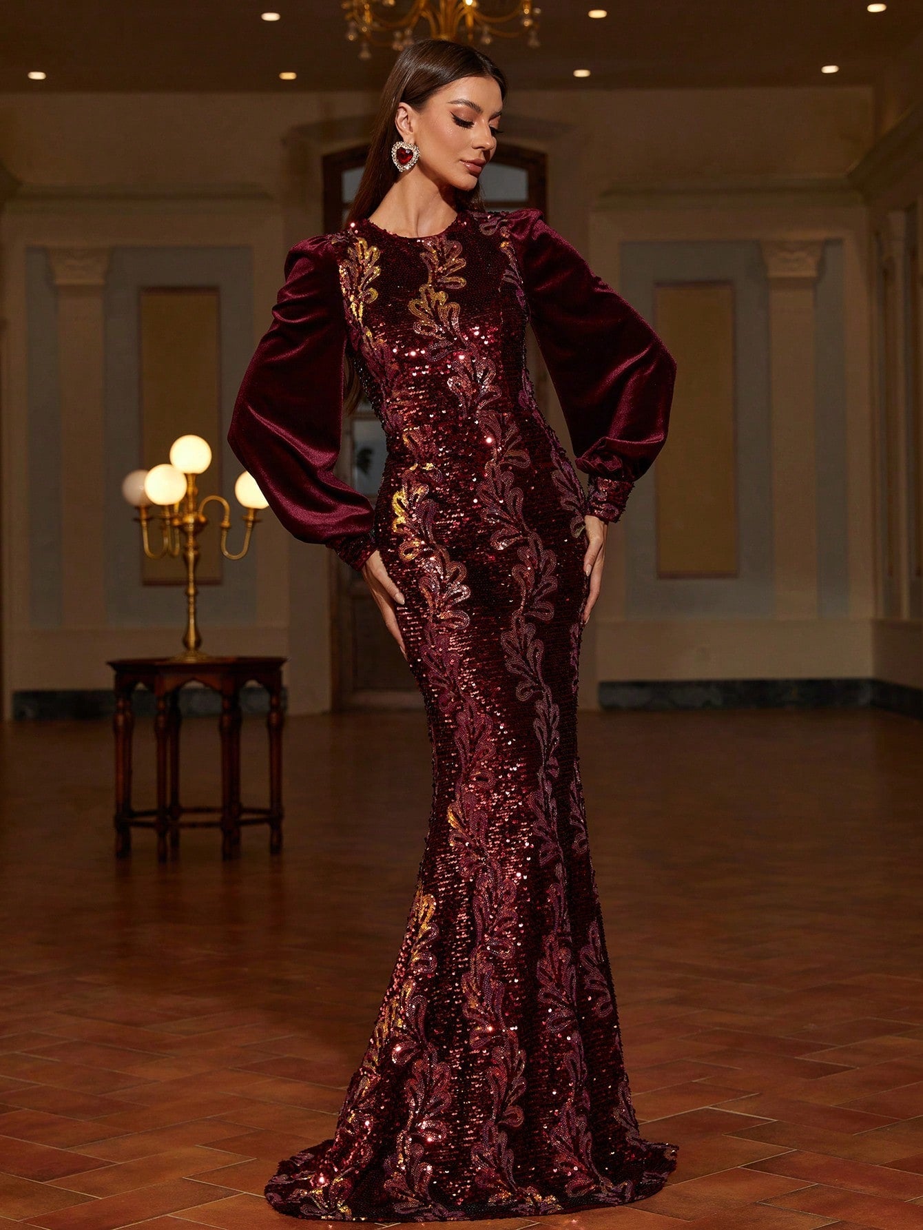 Lantern Sleeves Mermaid Hem Sequin Formal Dress