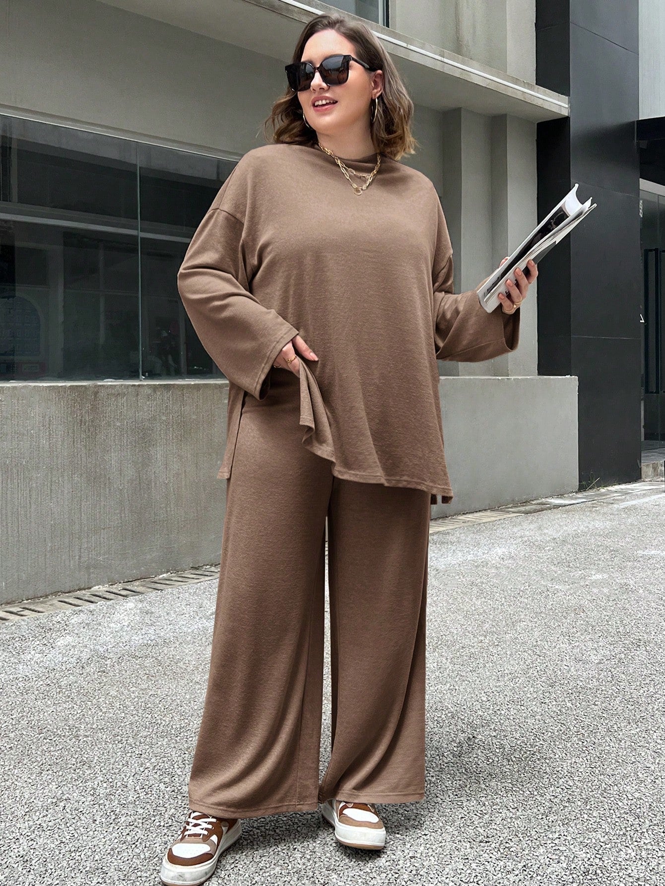 Essnce Plus Size Loose Solid Color Casual Two Piece Set