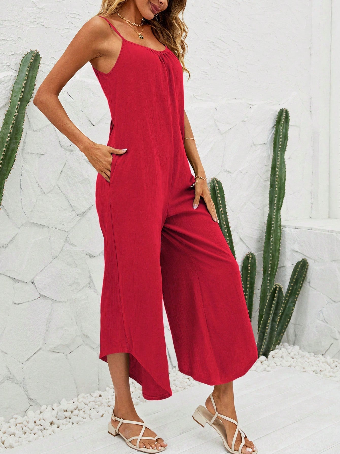 VCAY Solid Wide Leg Cami Jumpsuit