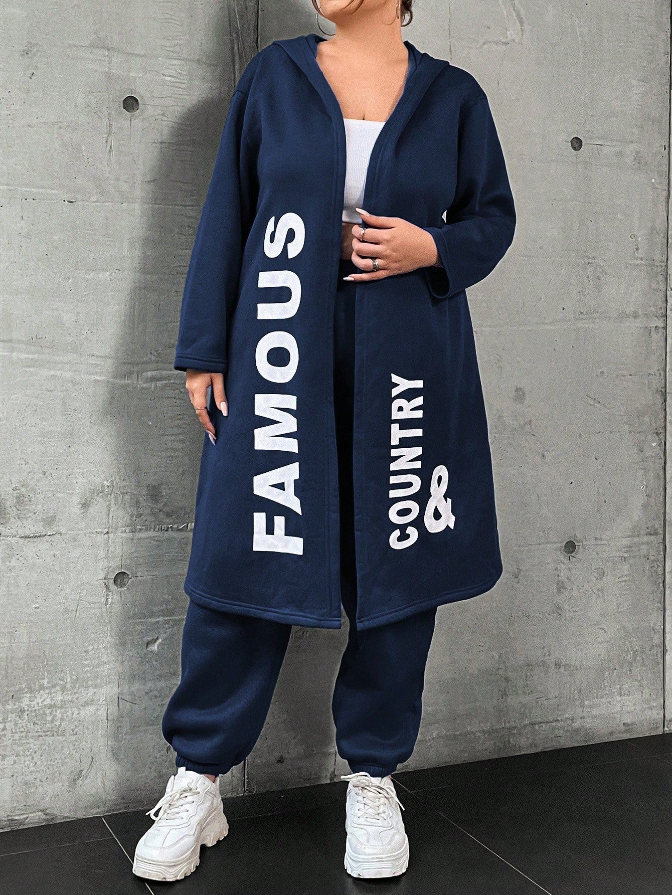 Coolane Plus Size Women's Letter Printed Hooded Fleece Jacket And Pants Set