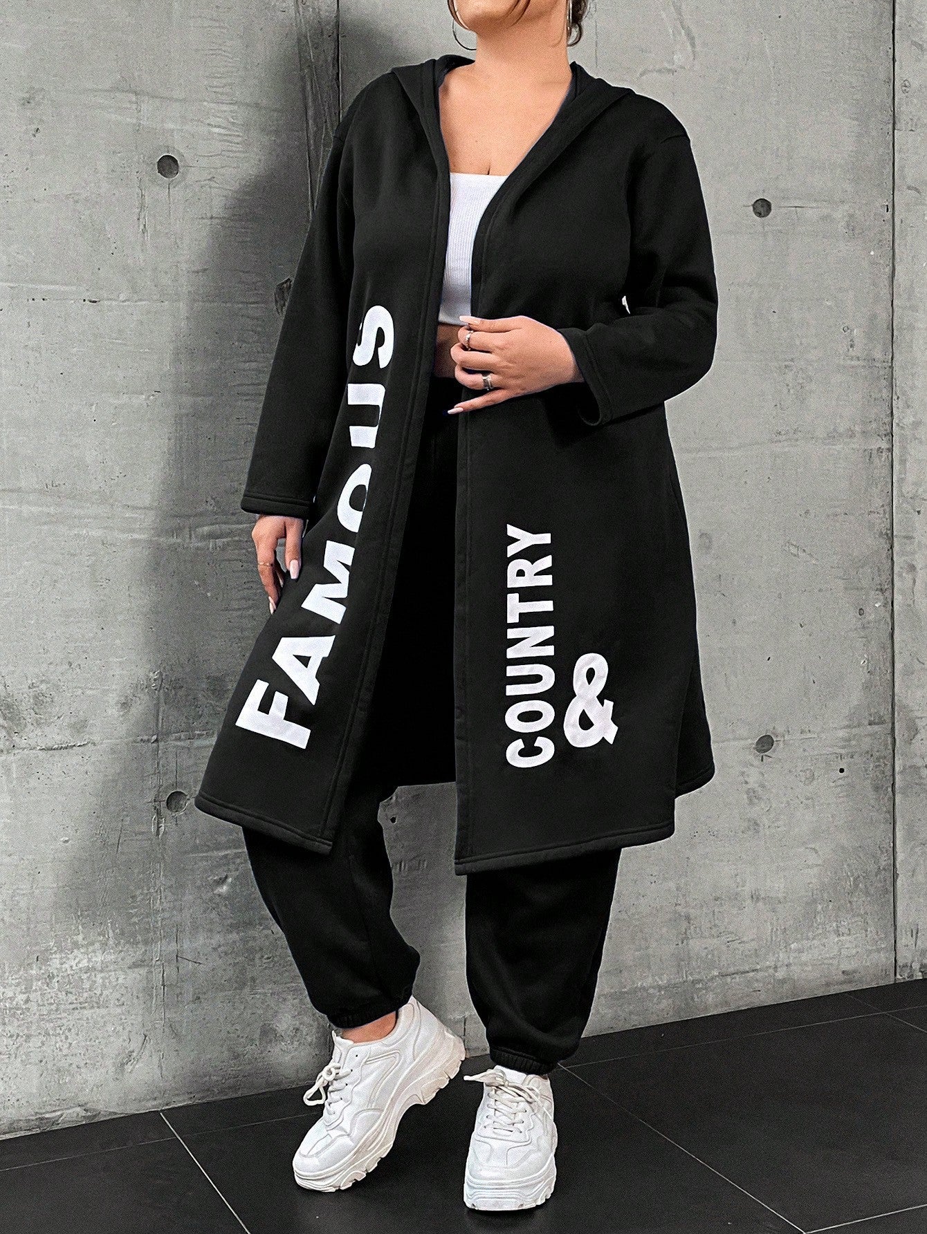 Coolane Plus Size Women's Letter Printed Hooded Fleece Jacket And Pants Set