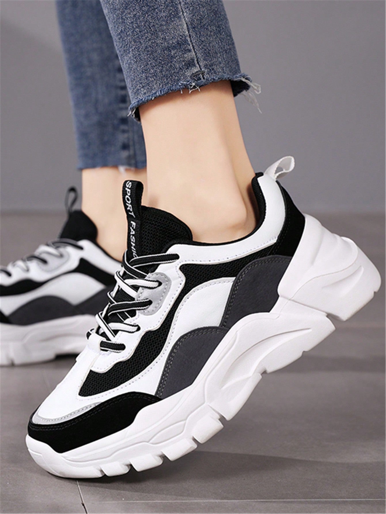 Sporty Sneakers For Women, Two Tone Letter Patch Decor Lace-up Front Chunky Sneakers