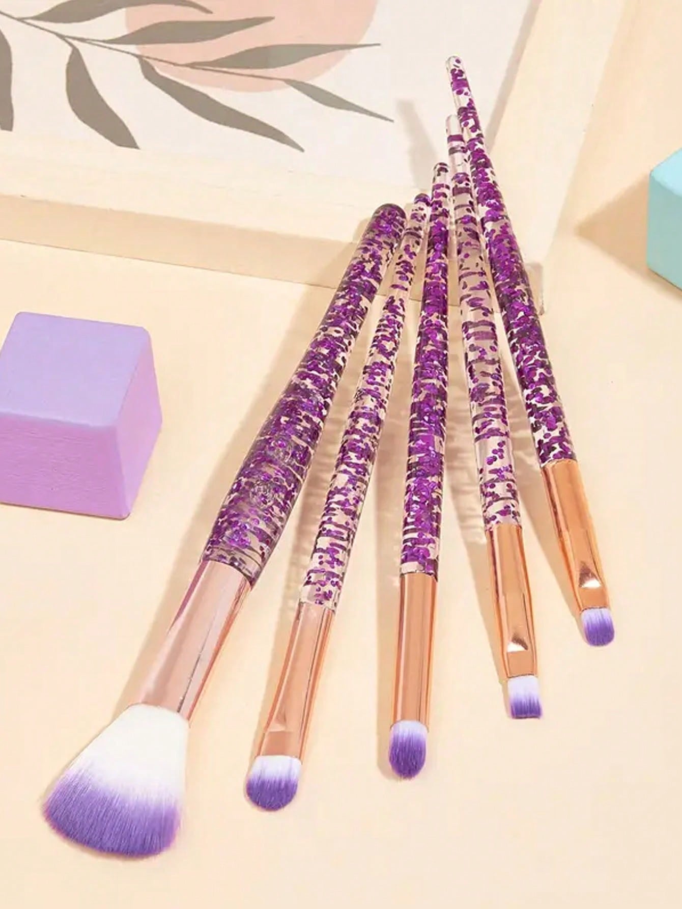 5pcs Purple Glitter Makeup Brushes Set For Women Including Professional Eye Shadow Brush And Face Powder Brush, Gift Boxed