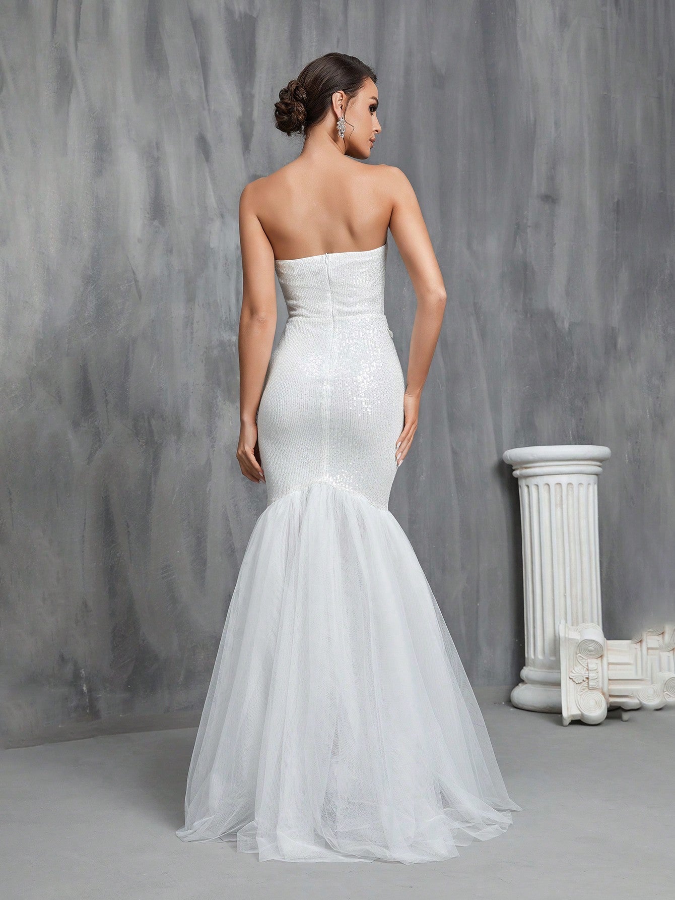 Ruched Front Mermaid Hem Sequin Tube Glittery Wedding Dress