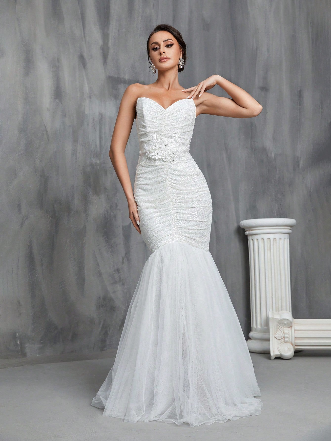 Ruched Front Mermaid Hem Sequin Tube Glittery Wedding Dress