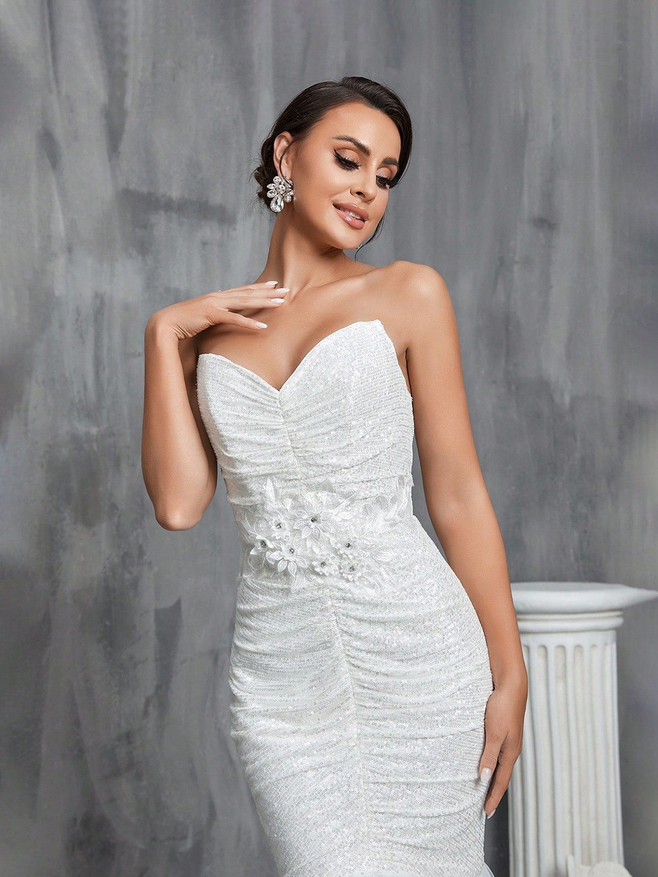 Ruched Front Mermaid Hem Sequin Tube Glittery Wedding Dress