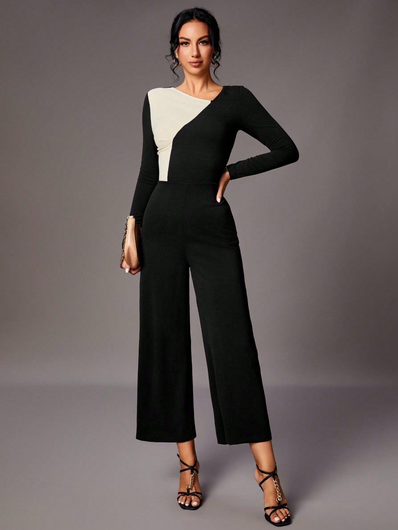 Tall Women'S Color Block Asymmetric Collar Jumpsuit