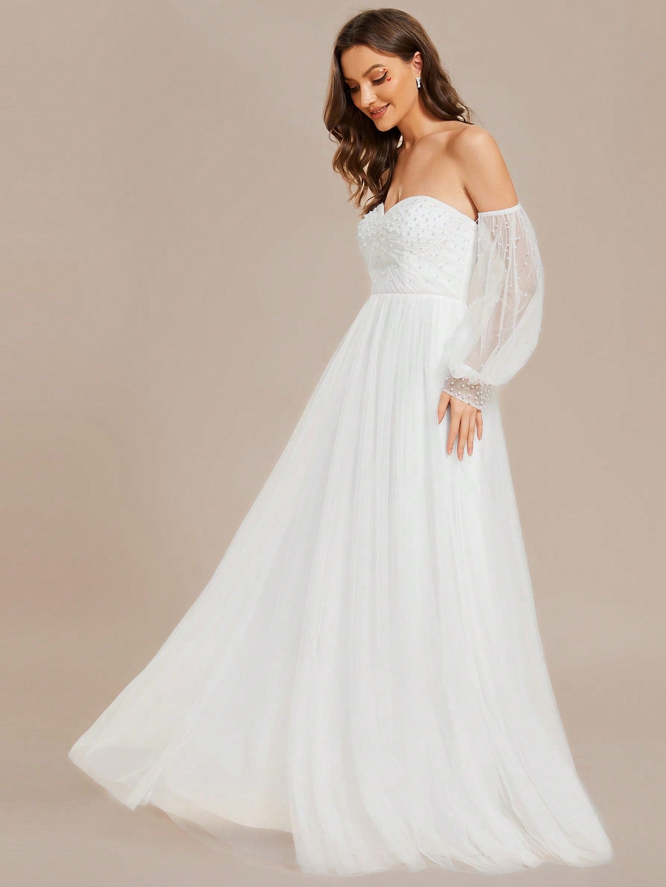 EVER-PRETTY Off Shoulder Pearl Puff Sleeves Sexy Elegant Wedding Dress