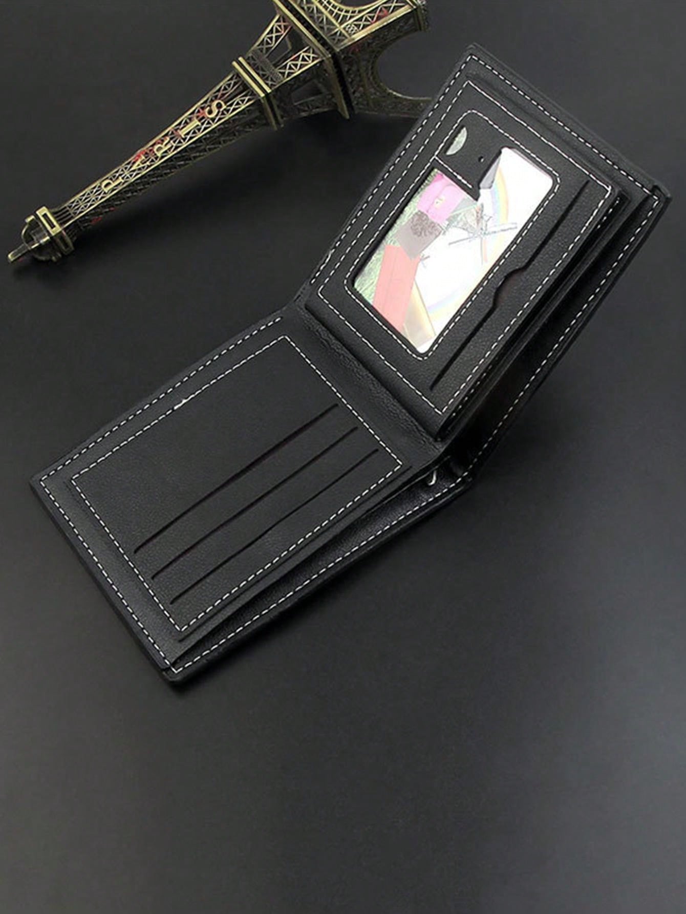 1pc Men's High-end Ultra-thin Black Leather Wallet With Multiple Card Slots And Inner Zipper Compartment