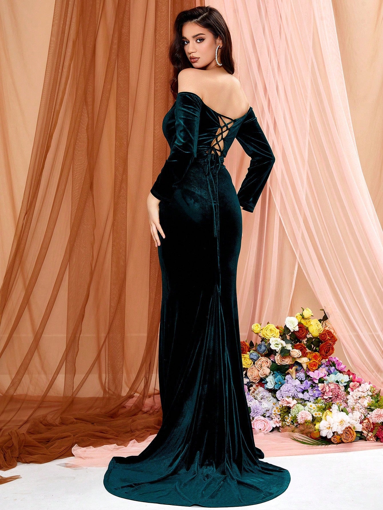 LOVE&LEMONADE Off-Shoulder Spaghetti Strap Backless High Slit Velvet Party Gown With Fish Tail Hem