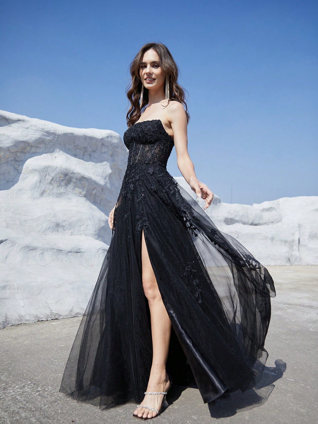 High Split Hem Embroidered Tulle Strapless Formal Evening Dress