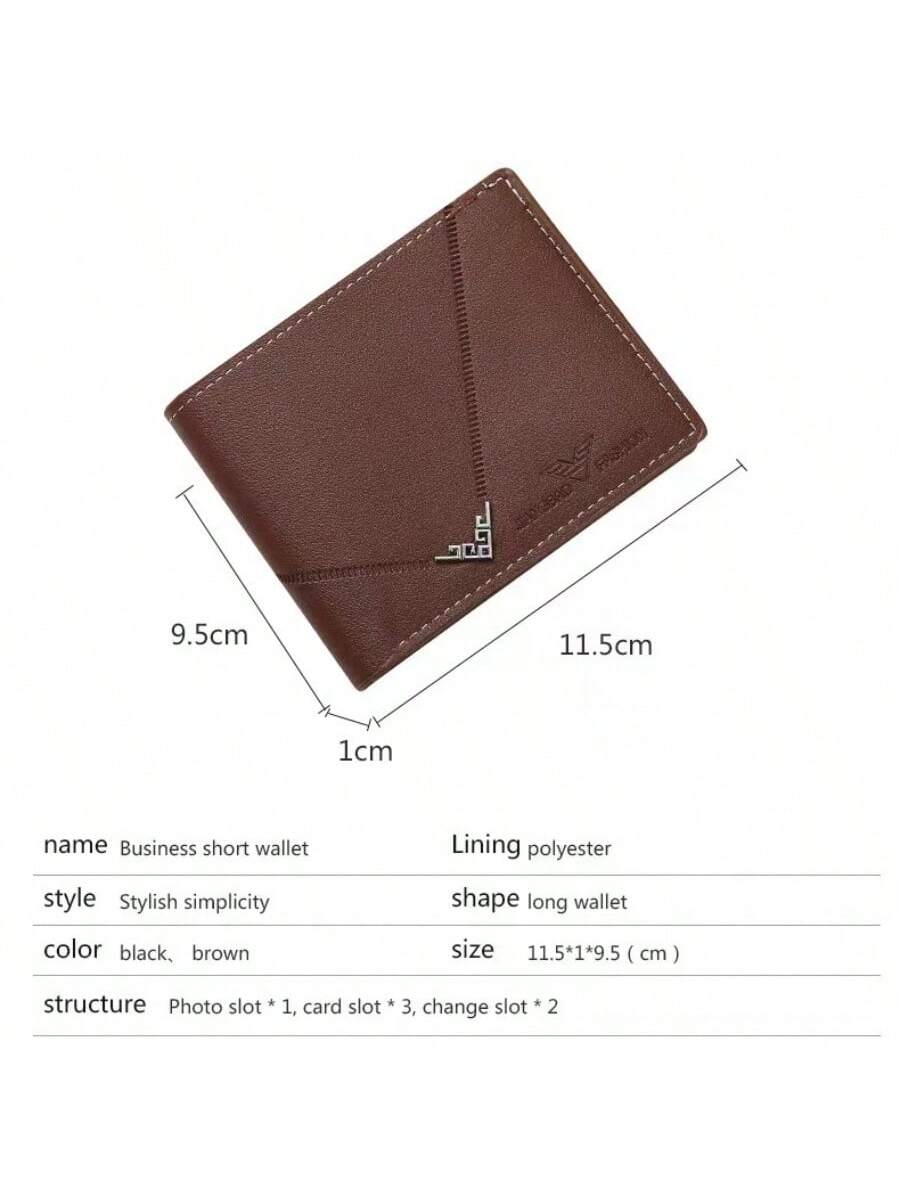 Men'S Short Bi-Fold Litchi Texture Wallet, Youthful Simple Style With Multiple Card Slots And Horizontal Joint Design