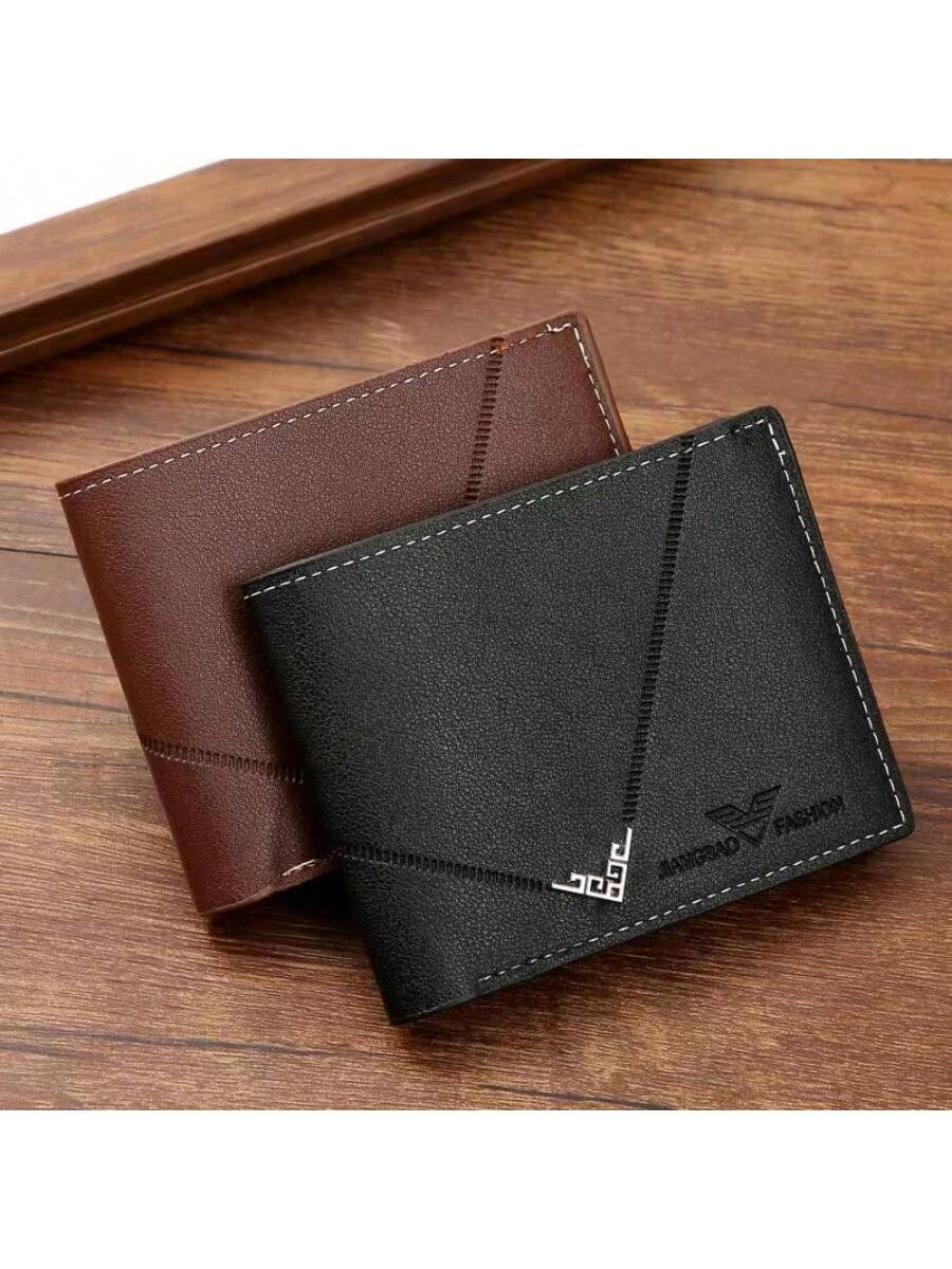 Men'S Short Bi-Fold Litchi Texture Wallet, Youthful Simple Style With Multiple Card Slots And Horizontal Joint Design