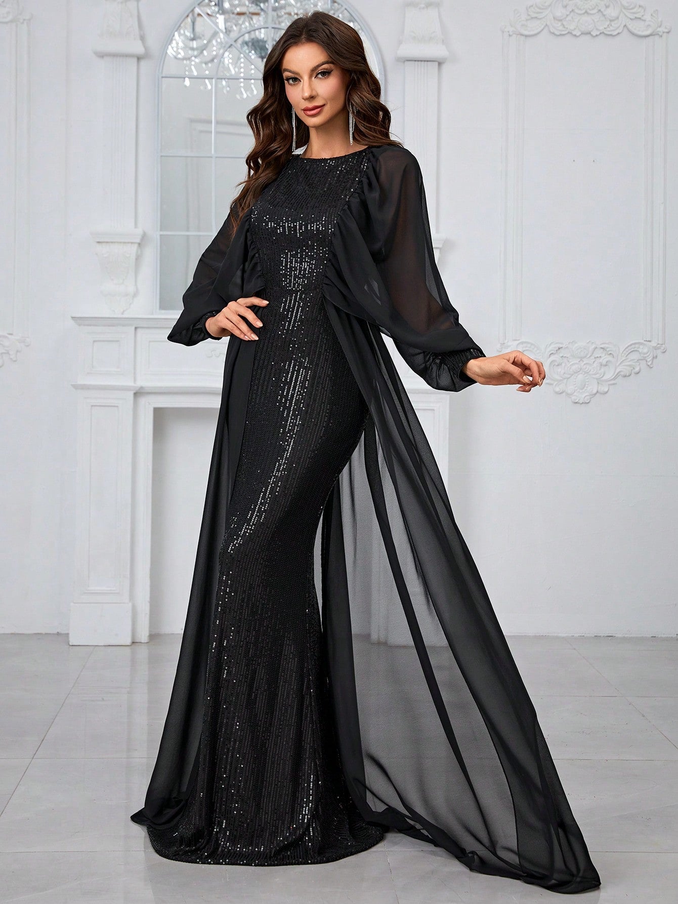 Giffniseti Women'S Prom Evening Dress Sequin Patch Chiffon Lantern Sleeve Party Evening Dress Black Autumn Women'S Dress