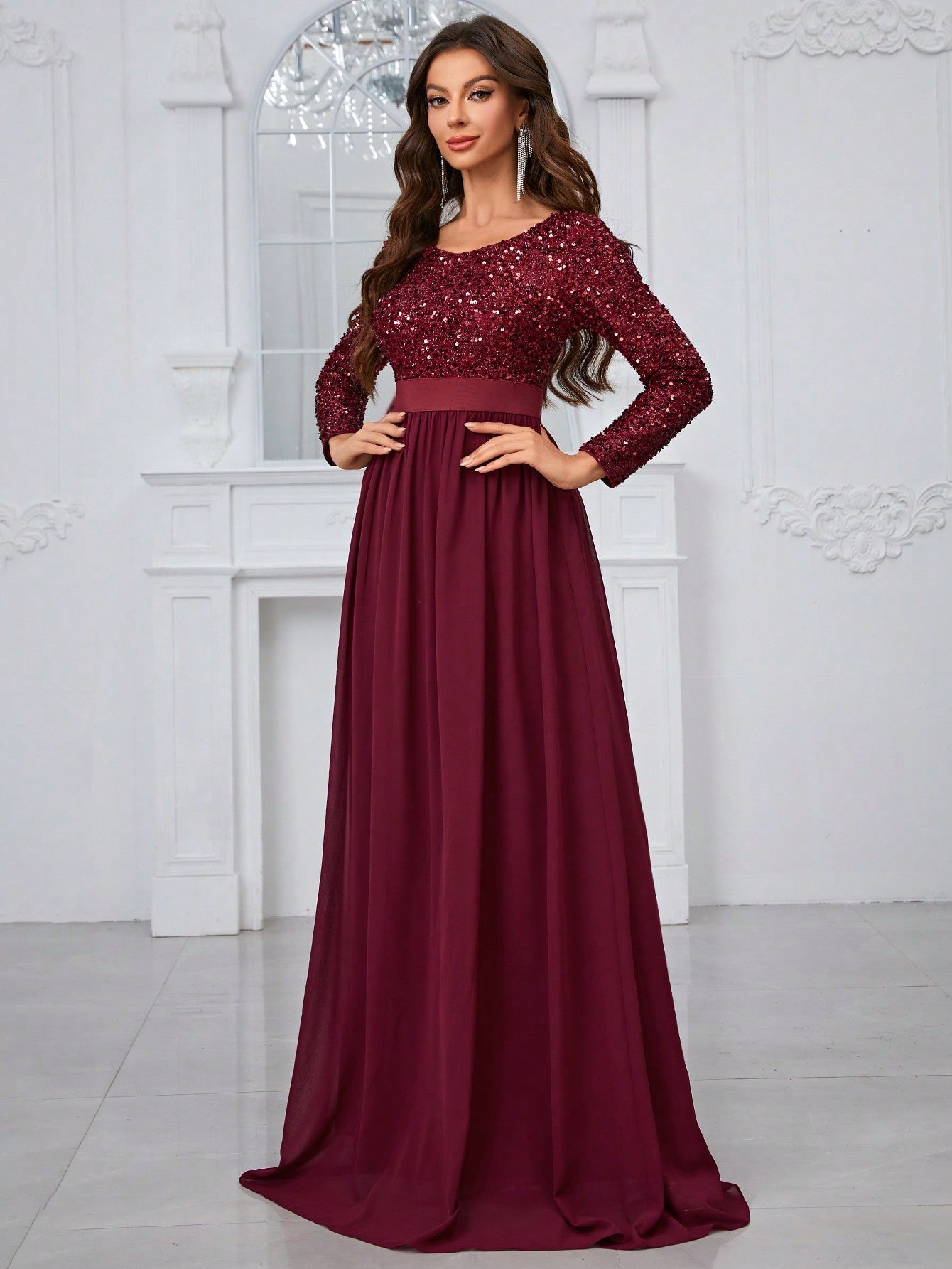 Giffniseti Sparkly V-Neck Long Sleeve Party Prom Evening Dress