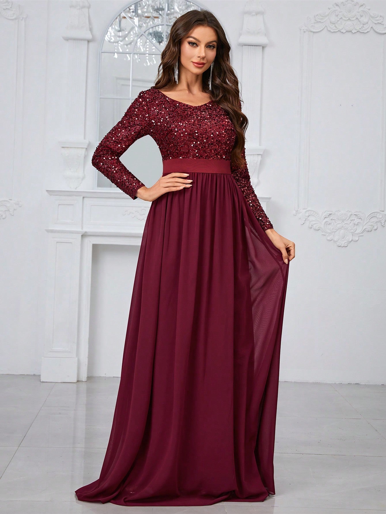 Giffniseti Sparkly V-Neck Long Sleeve Party Prom Evening Dress