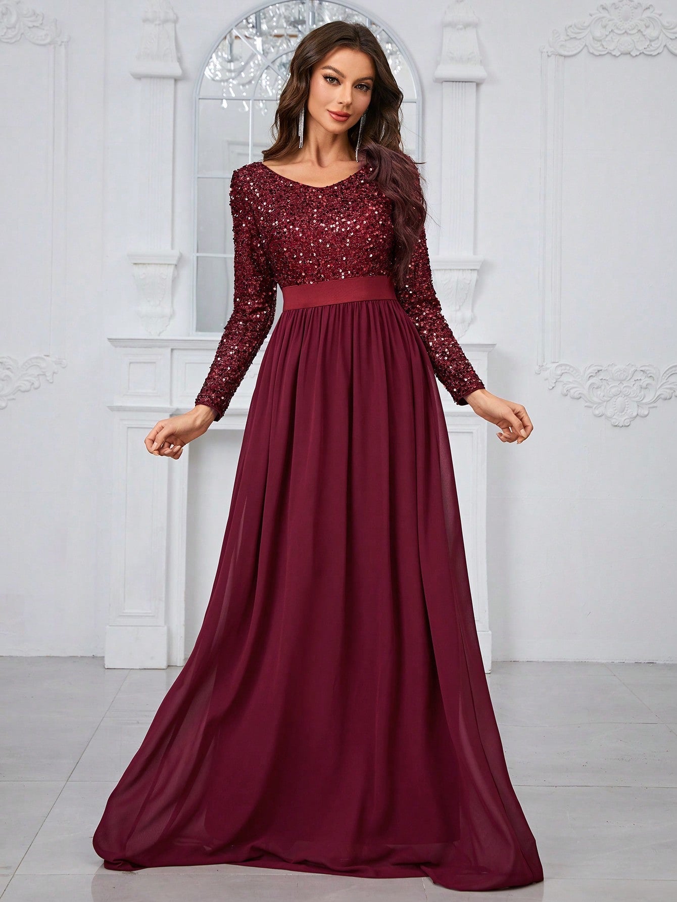 Giffniseti Sparkly V-Neck Long Sleeve Party Prom Evening Dress