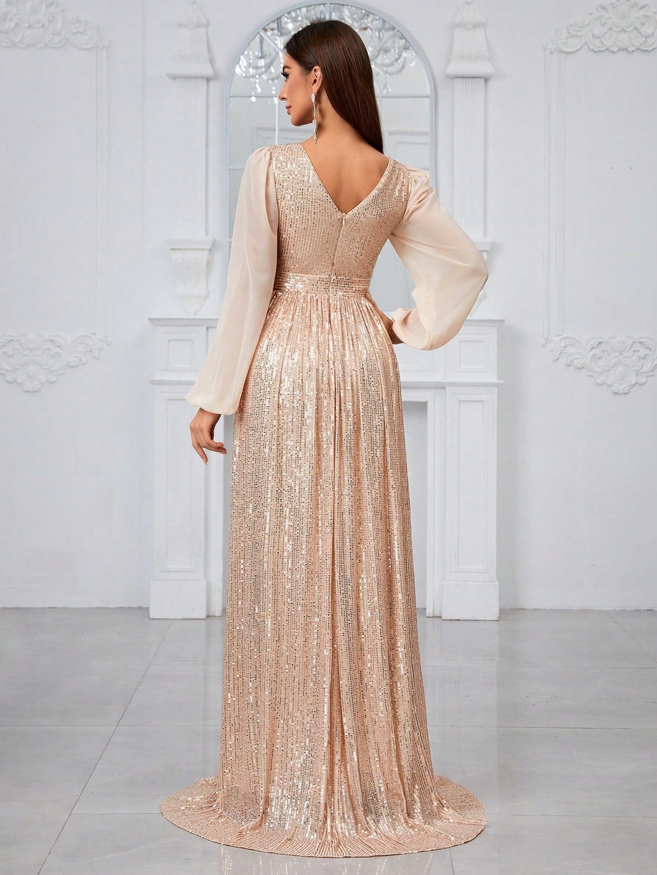 Giffniseti Glitter V-Neck Long Sleeve Evening Dress With 3d Floral Accents For Formal Party