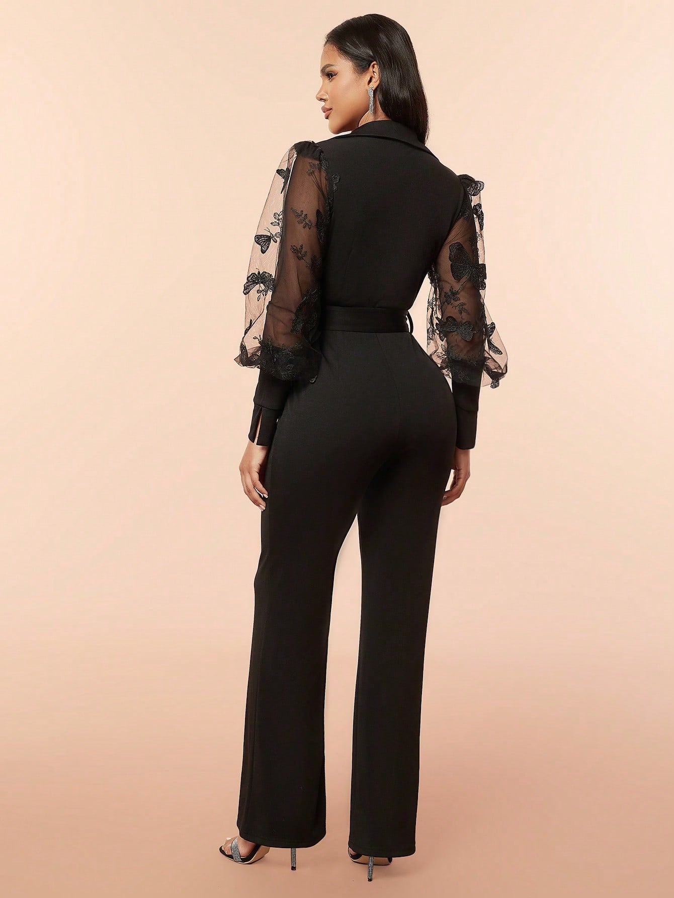 D&M Patchwork See-Through Embroidered Butterfly Puff Sleeve Jumpsuit With Chicken Eye Belt For Party, Straight Cut