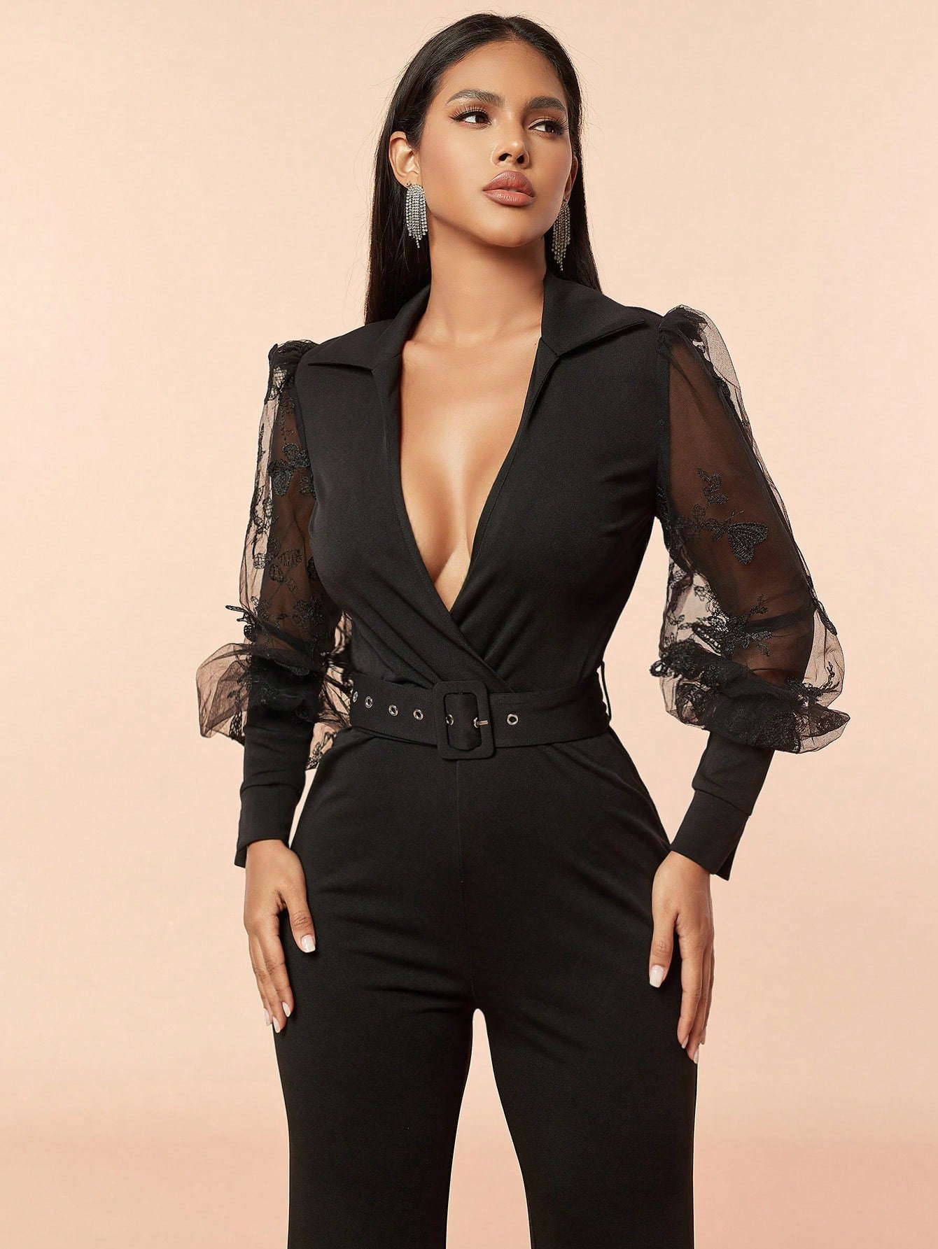 D&M Patchwork See-Through Embroidered Butterfly Puff Sleeve Jumpsuit With Chicken Eye Belt For Party, Straight Cut