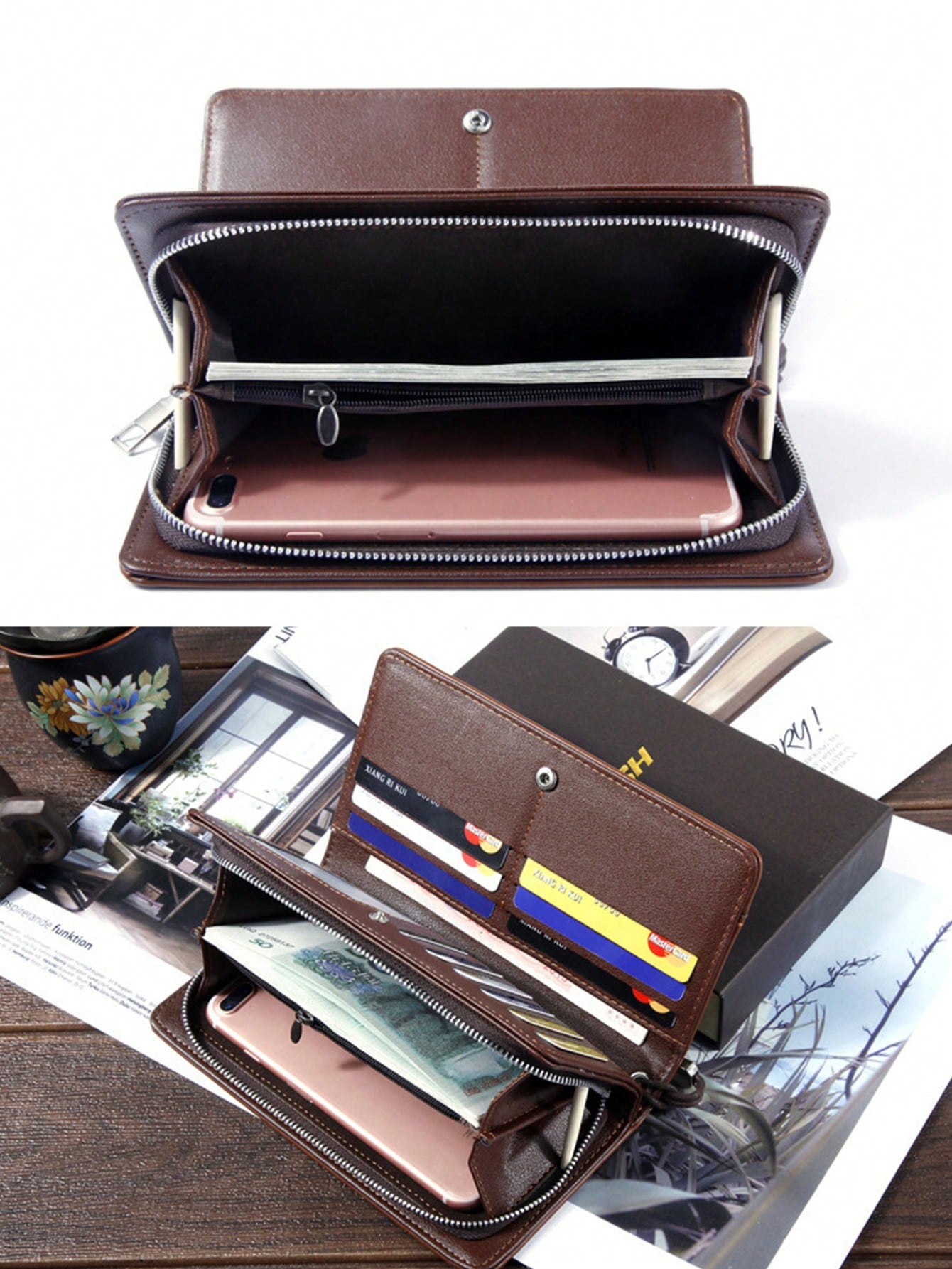 1 Men'S Fashion Business Long Clutch Multi-Card Slot Inner Zipper Multi-Functional Clip Wallet Clutch Wallet Men'S Wallet