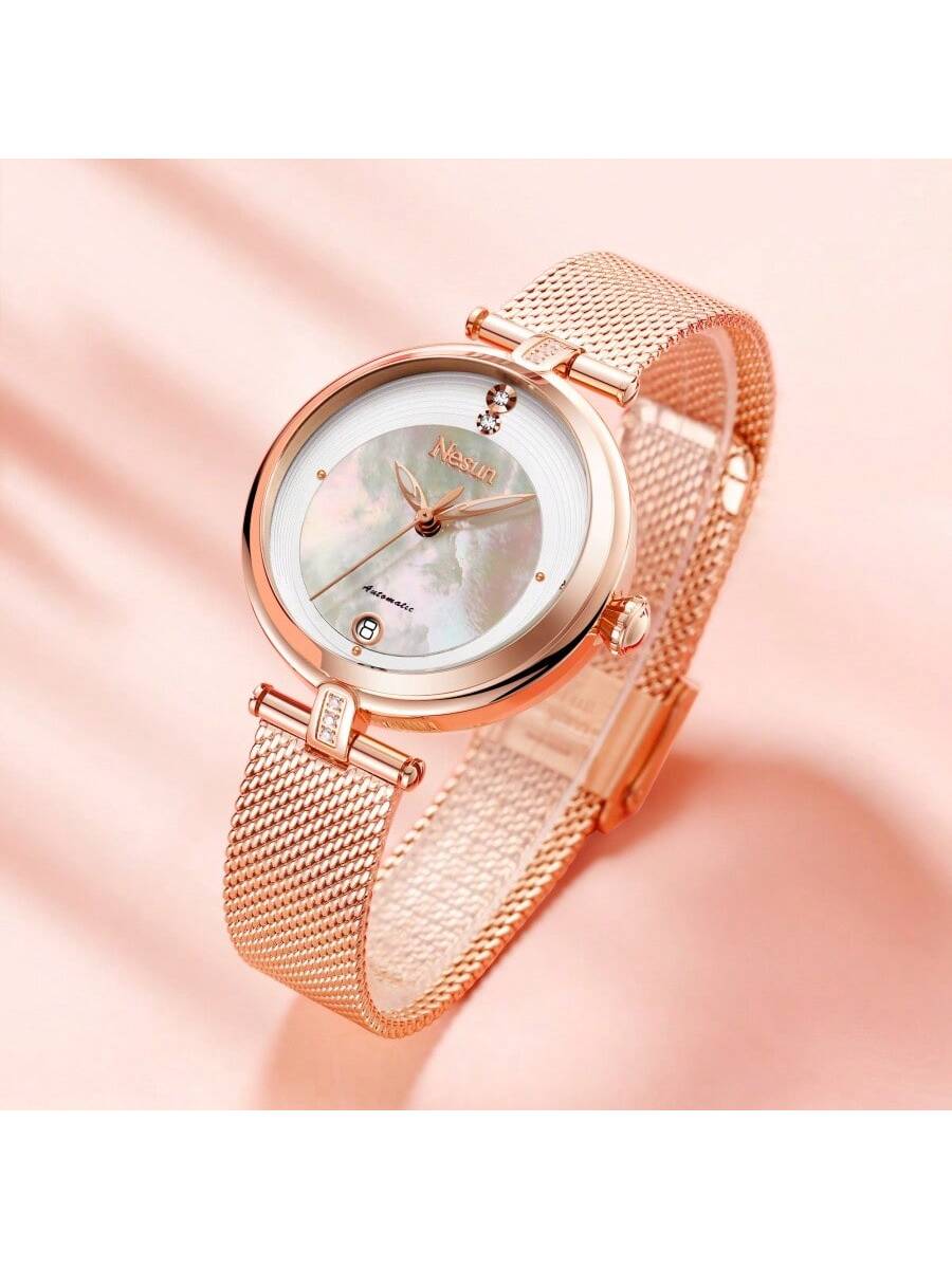 Nesun Women's Mechanical Watch With Rose Gold Mesh Strap, Night Light And Date Display, Simple And Fashionable Fit For Daily Wear