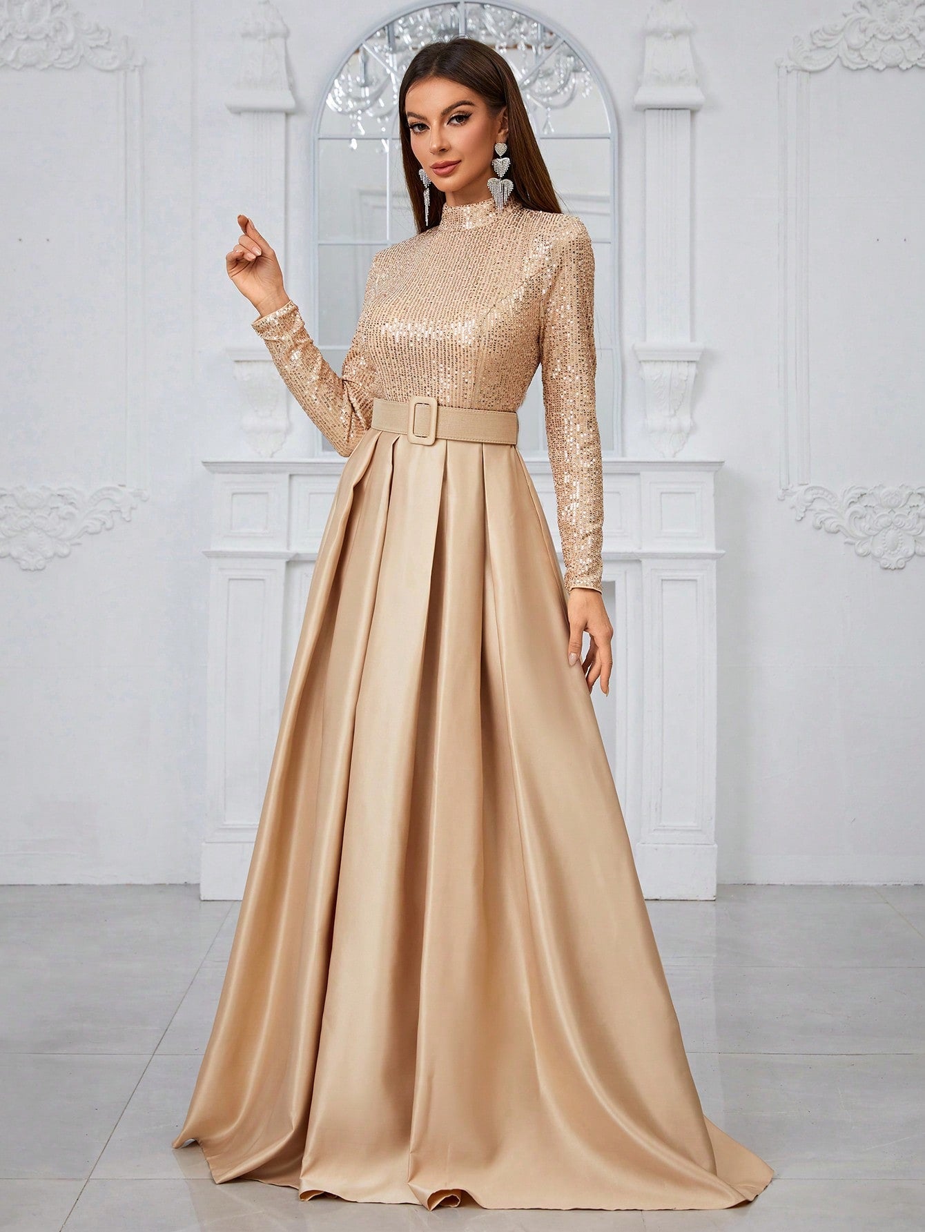 Giffniseti Long Sleeve High Neck Sequin Panel & Pleated Evening Dress (With Belt)