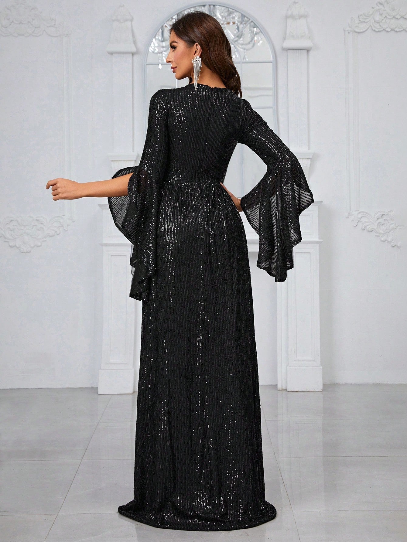 Giffniseti Womens' Elegant Party Evening Dress With Sparkly Sequin, Ruffle Sleeve & Round Neckline