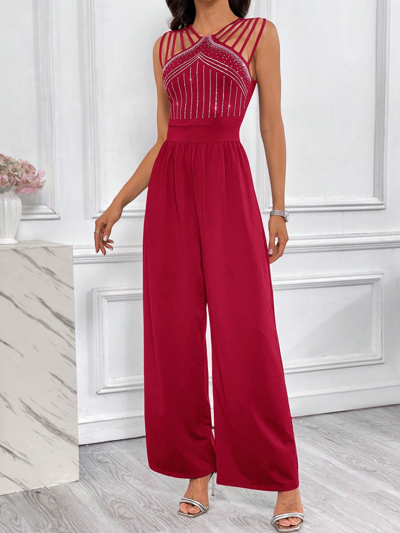 Privé Rhinestone Detail Wide Leg Jumpsuit