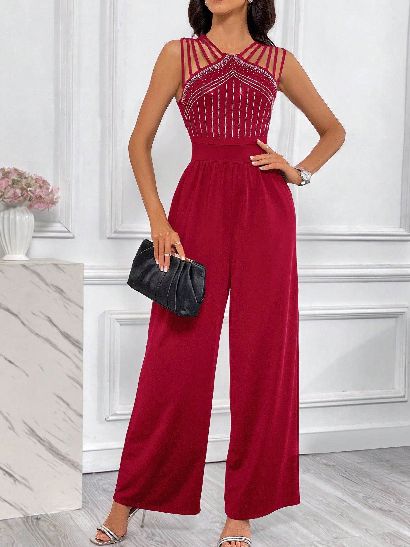 Privé Rhinestone Detail Wide Leg Jumpsuit