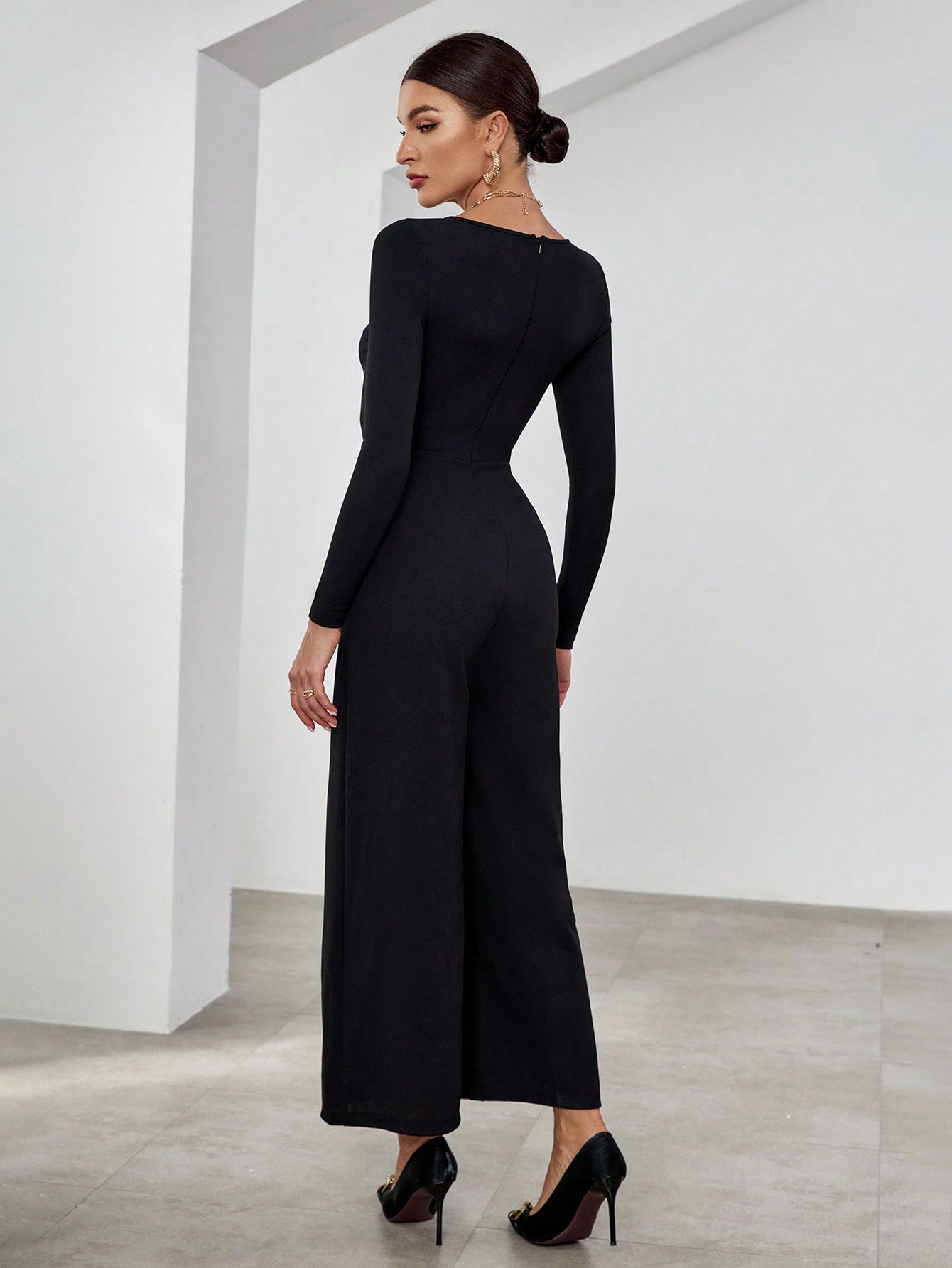 Privé Two Tone Asymmetrical Neck Wide Leg Jumpsuit