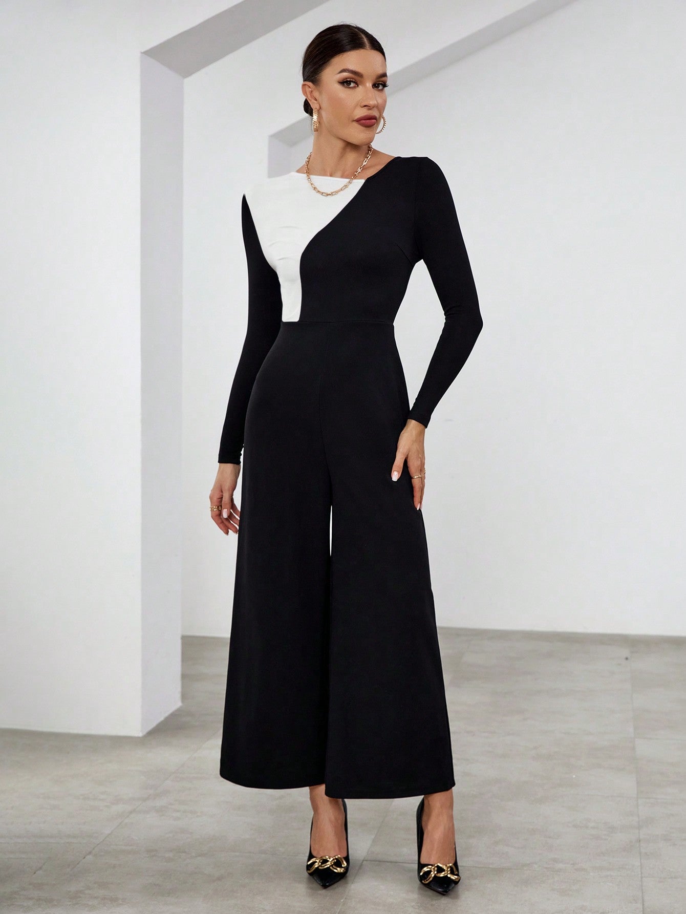 Privé Two Tone Asymmetrical Neck Wide Leg Jumpsuit