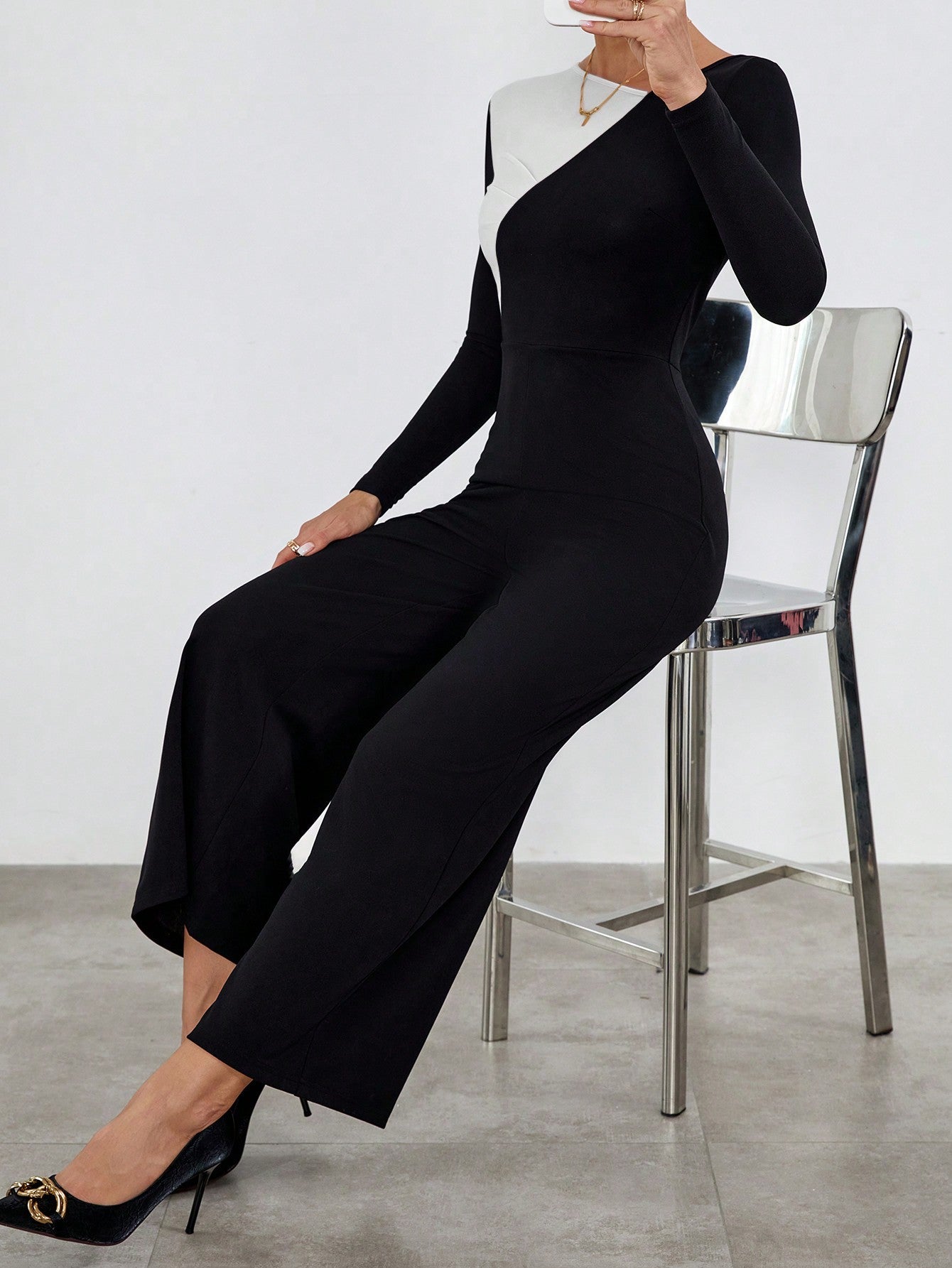 Privé Asymmetric Collar Color Block Long Sleeve Jumpsuit