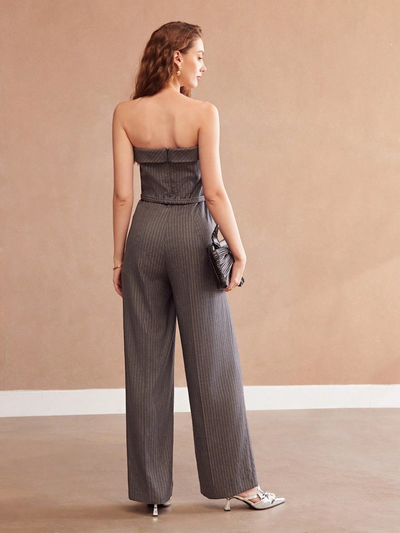 MOTF PREMIUM BELTED STRIPED STRAPLESS JUMPSUIT WITH FOLD DETAIL