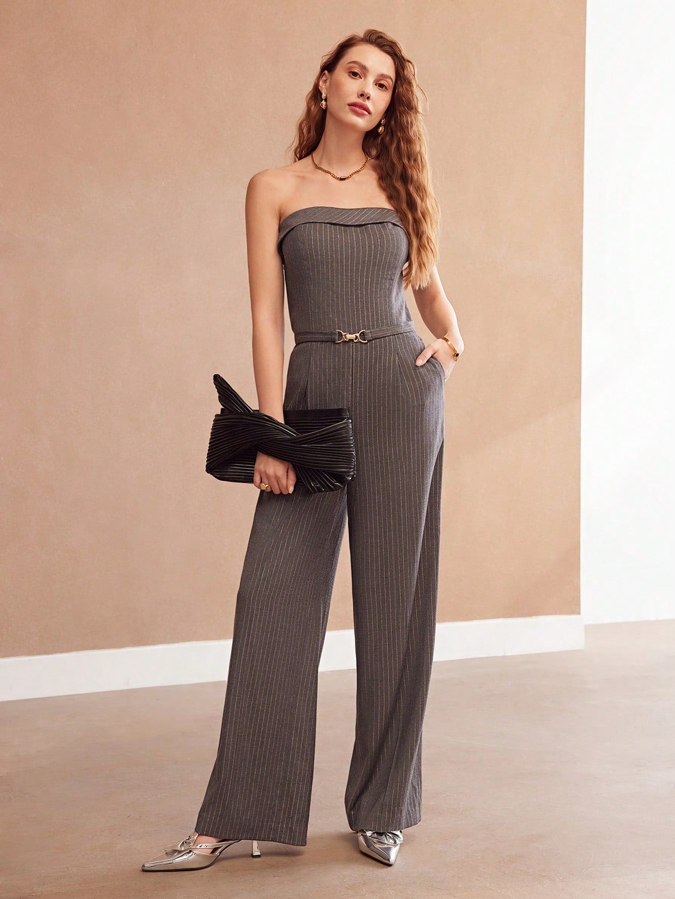 MOTF PREMIUM BELTED STRIPED STRAPLESS JUMPSUIT WITH FOLD DETAIL