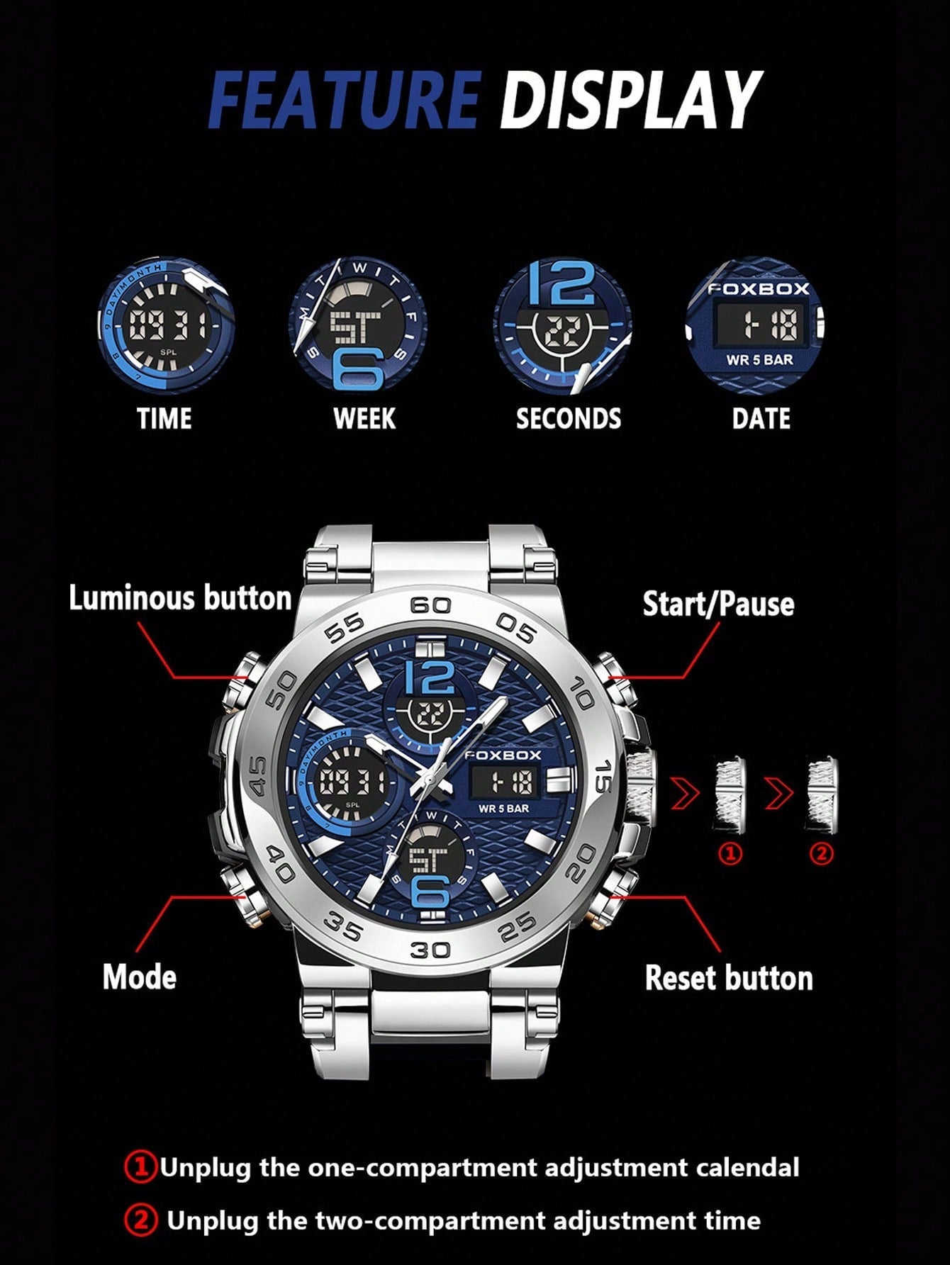 Fb0033 Fashion Round Dial Dual Display Men's Electronic Watch