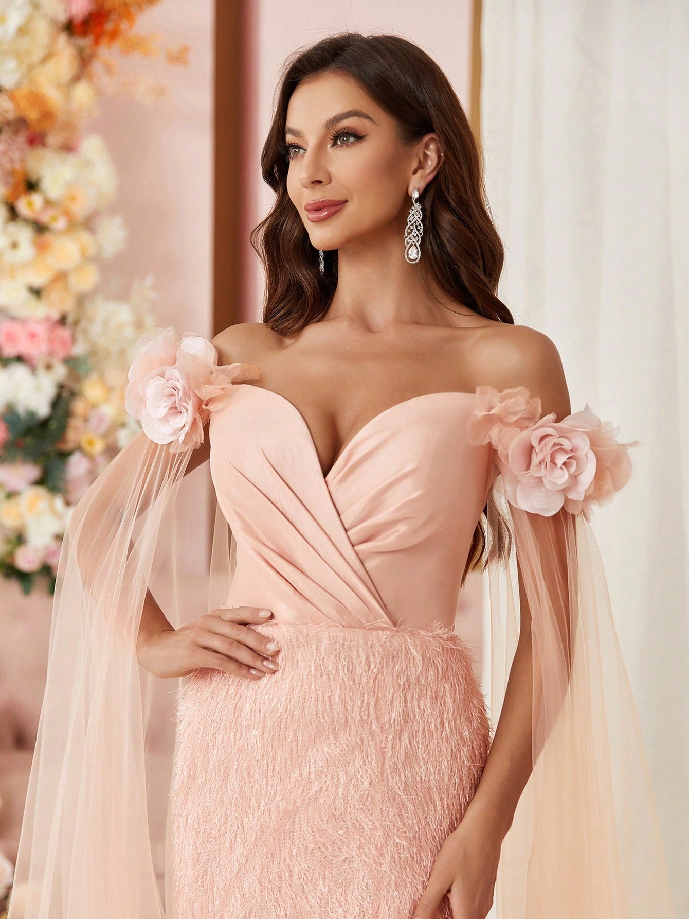 Belle Off-Shoulder Sleeves, Chest Cross, Back Strap, 3d Floral Embellishment, Satin Embellished Tulle Fabric, Slit Hem, Small Train, Evening Gown