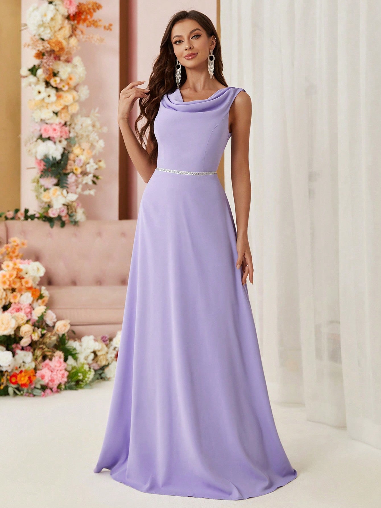 Belle Bridesmaid Dress With Draped Neckline, Waist Belt, Hollow Back And Weaving Detail