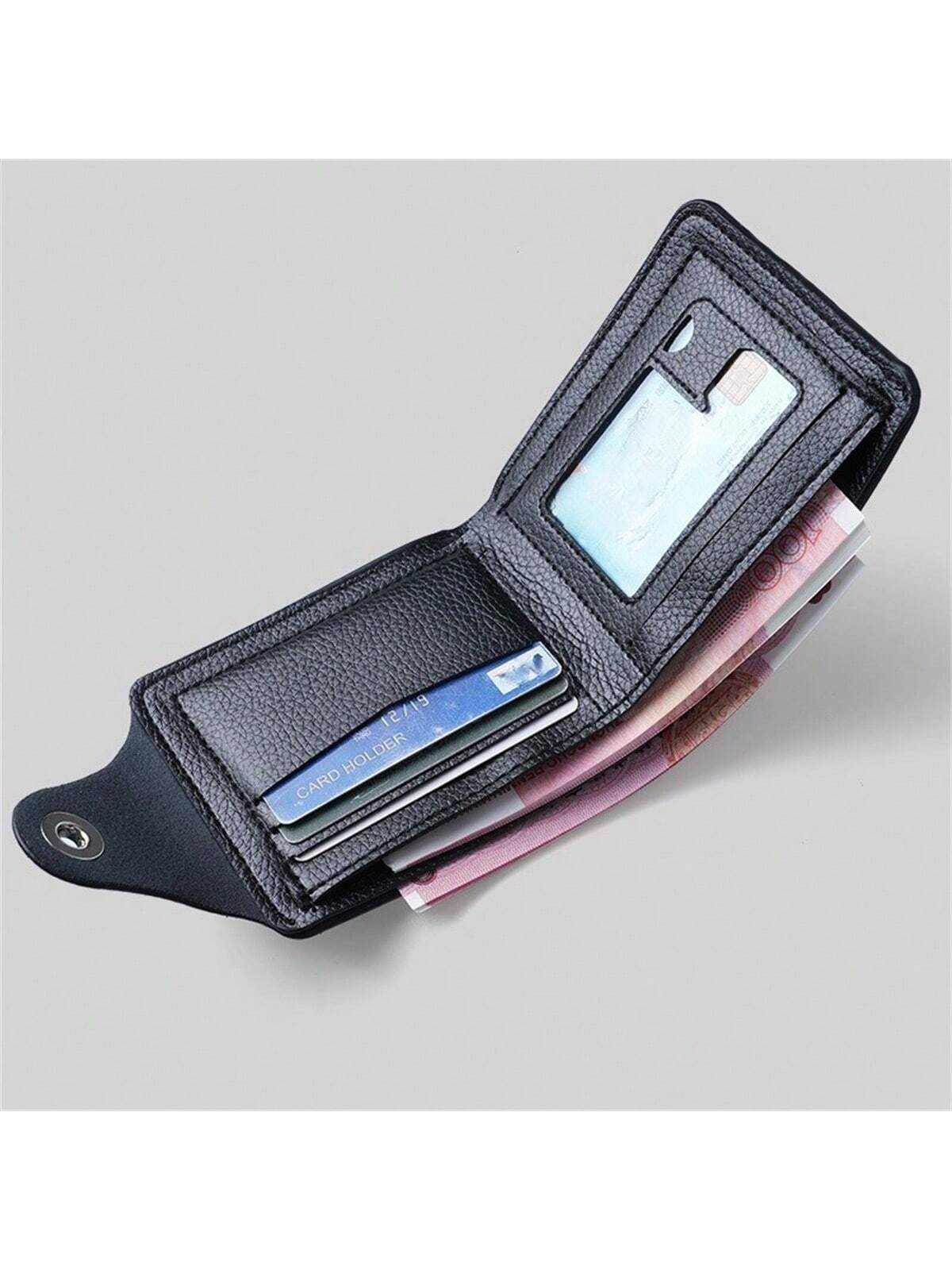 New Men'S Wallet Short Style Teenage Zipper Coin Purse With Double-Layer Litchi Pattern, Multiple Card Slots And Large Capacity