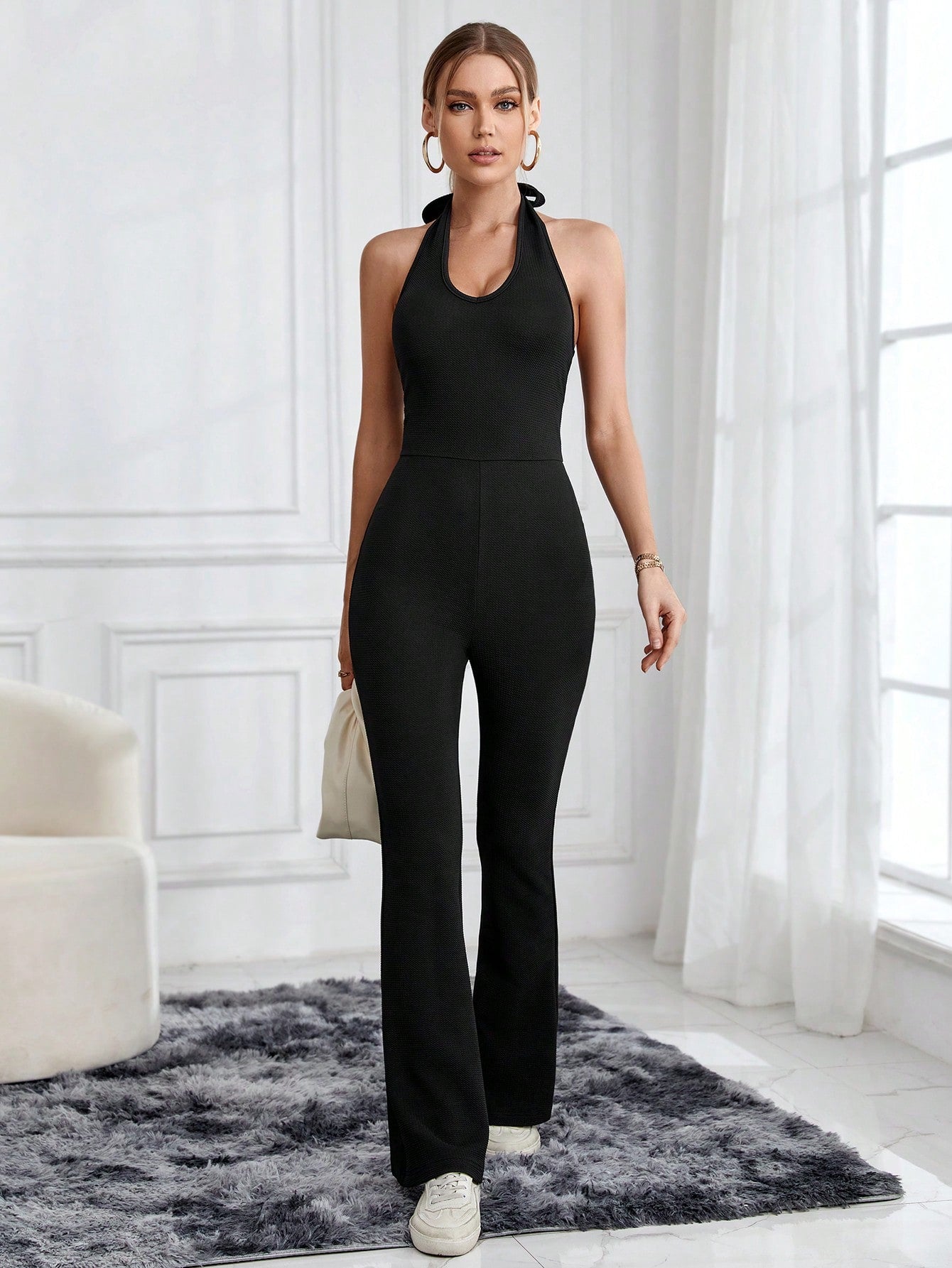 Essnce Women'S Casual Halter Neck Tie Back Bodysuit Jumpsuit