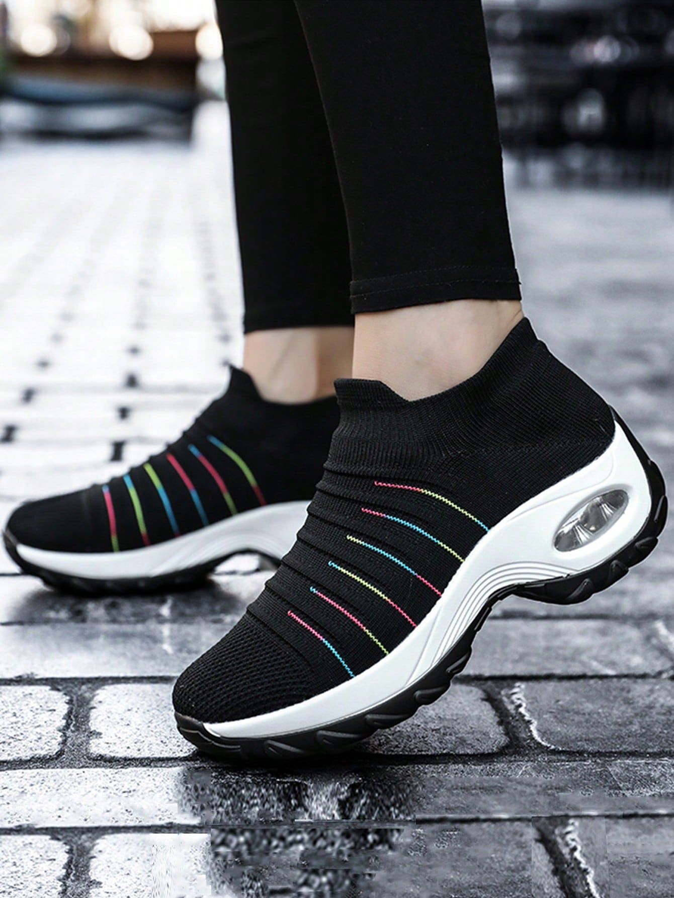 Women'S Breathable Knit Chunky Sneakers, Casual Slip On Air Cushion Shoes, Lightweight Low Top Sock Shoes