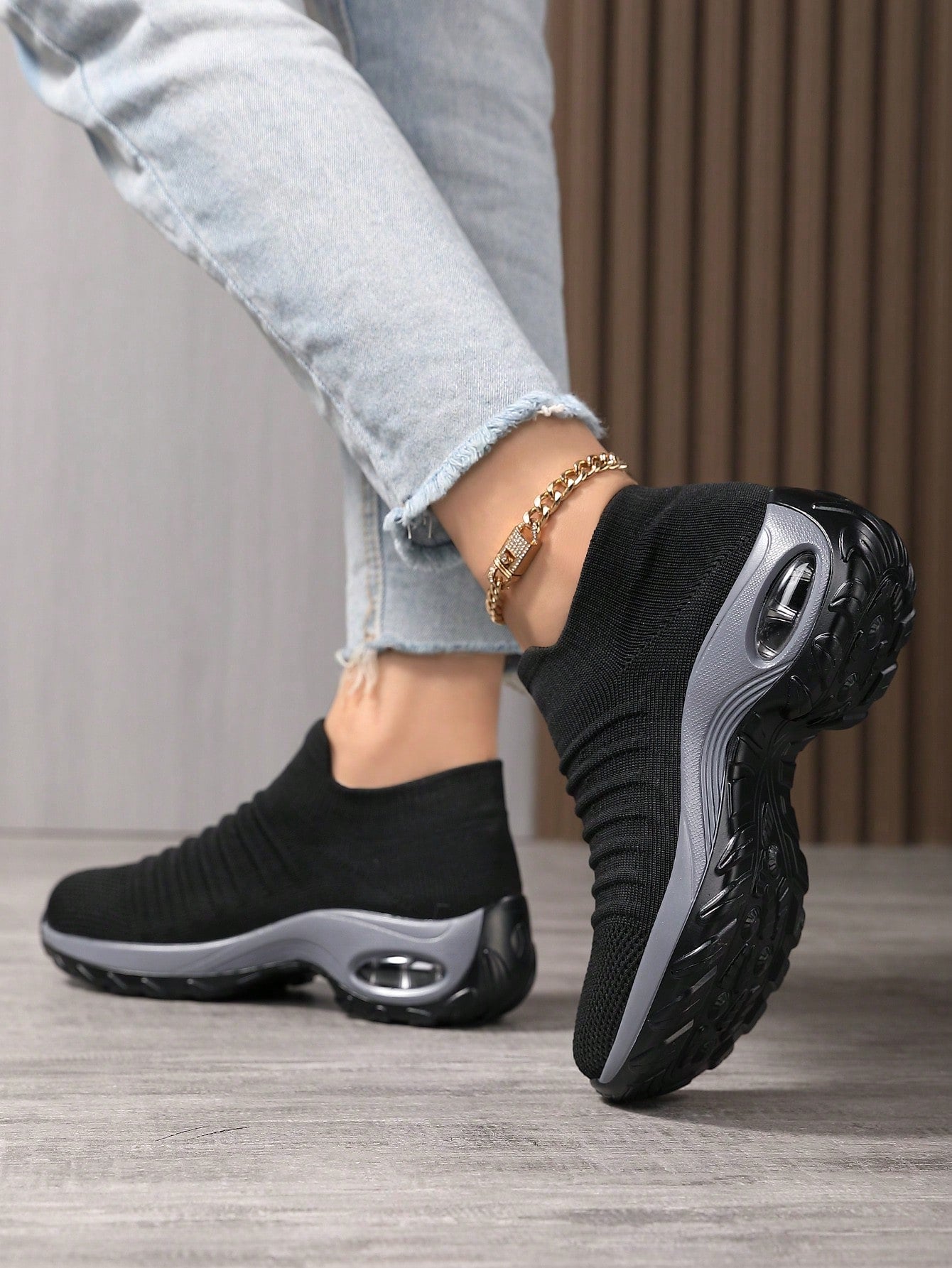 Women'S Breathable Knit Chunky Sneakers, Casual Slip On Air Cushion Shoes, Lightweight Low Top Sock Shoes