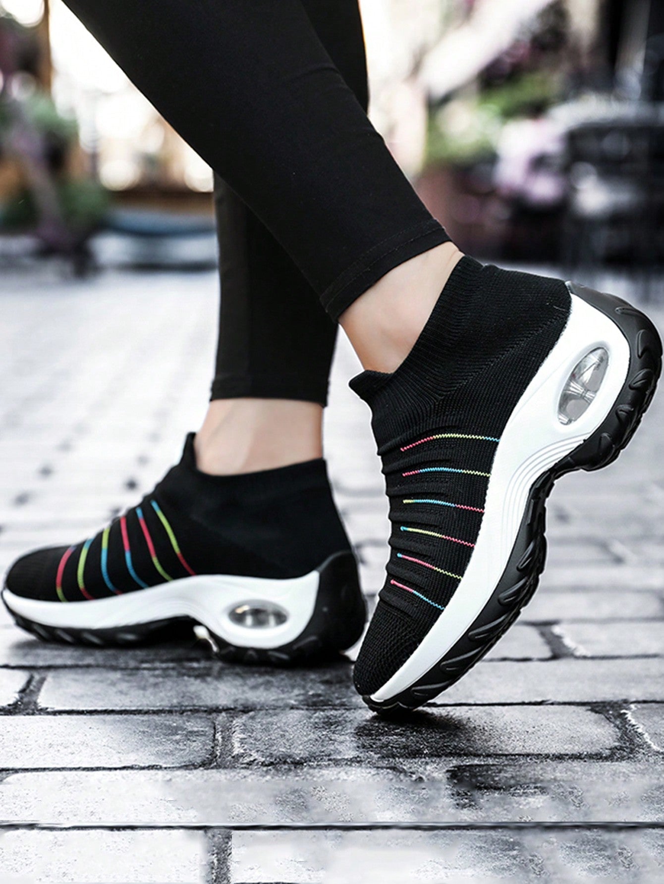 Women'S Breathable Knit Chunky Sneakers, Casual Slip On Air Cushion Shoes, Lightweight Low Top Sock Shoes