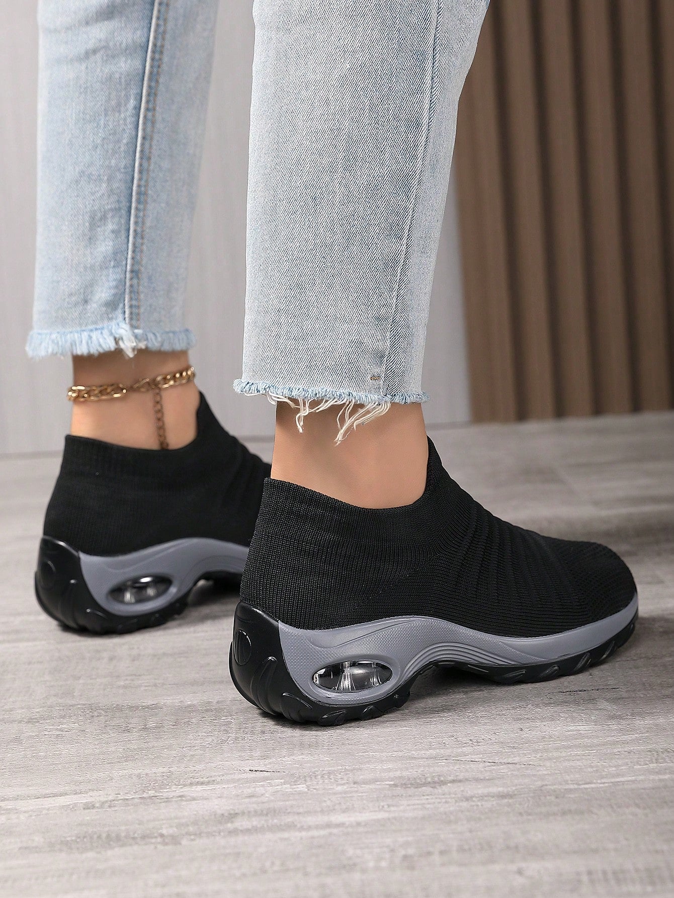 Women'S Breathable Knit Chunky Sneakers, Casual Slip On Air Cushion Shoes, Lightweight Low Top Sock Shoes